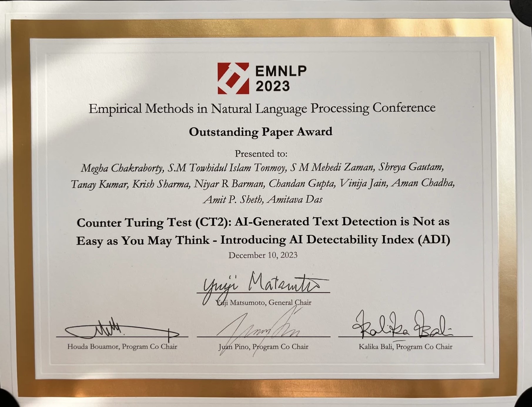 EMNLP 2023 Outstanding Paper Award Certificate